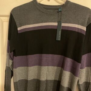 NWT:PERRY ELLIS STRIPED PURPLE &GREY CREWNECK SWEATER M. 44”C30”L